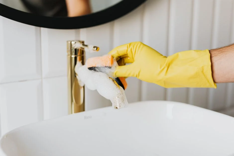 Des laveurs de vitres en hauteur, équipés de protections, nettoient la façade d’un gratte-ciel.